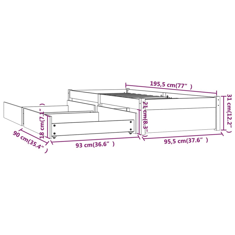 Bed Frame without Mattress with Drawers White 90x190 cm