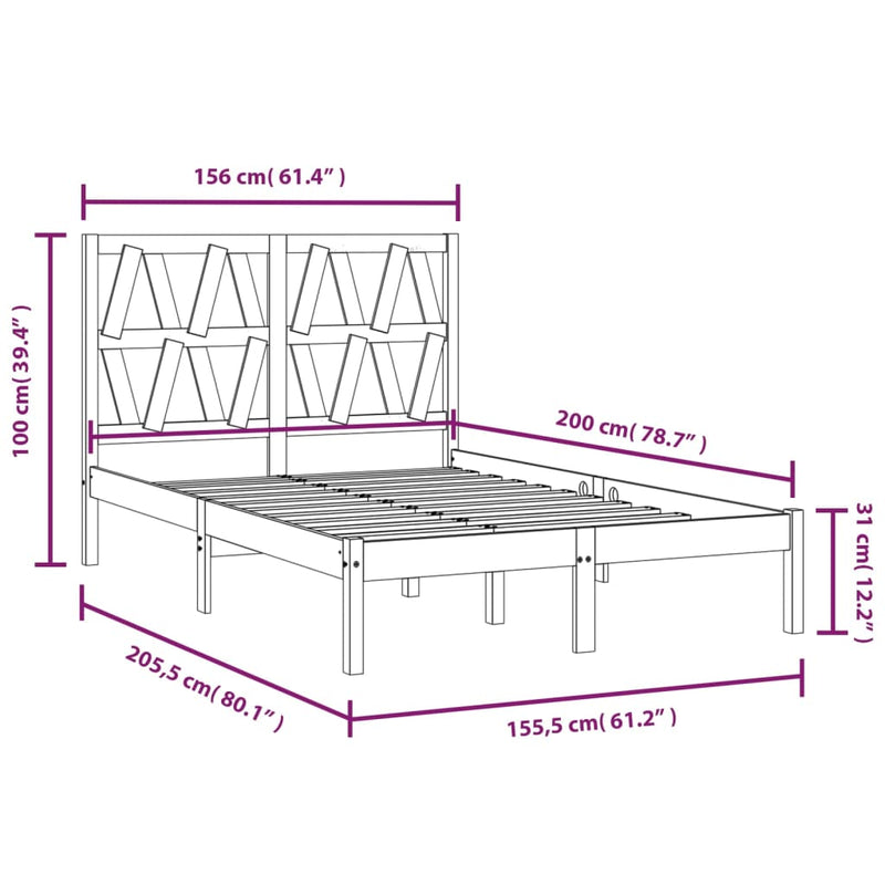 Bed Frame Black Solid Wood Pine 153x203 cm Queen Size