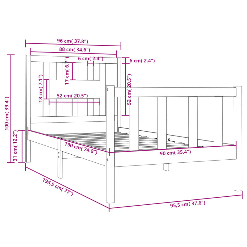 Bed Frame without Mattress White Solid Wood 90x190 cm