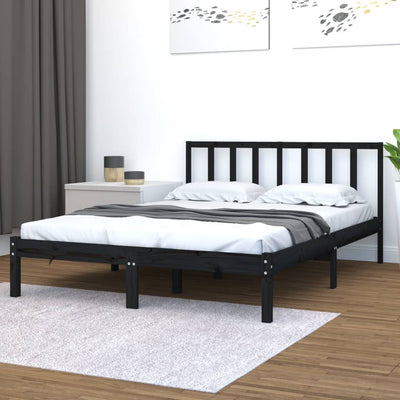 Bed Frame without Mattress Black Solid Wood Pine 135x190 cm