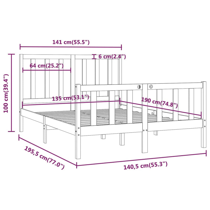 Bed Frame without Mattress Black 135x190 cm Solid Wood