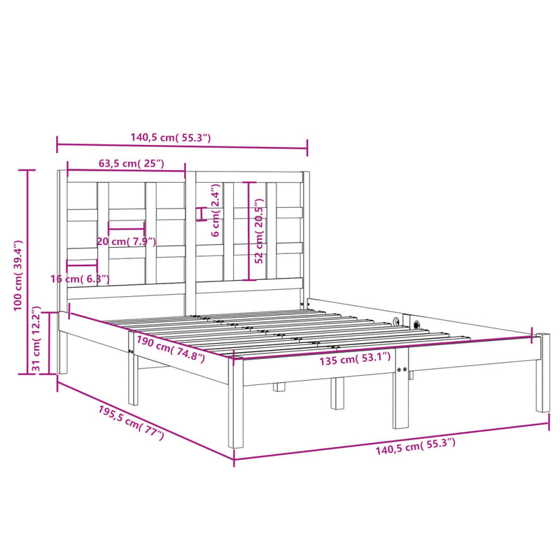 Bed Frame without Mattress Black 135x190 cm Solid Wood