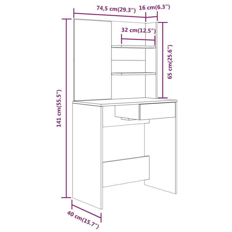 Dressing Table with Mirror Sonoma Oak 74.5x40x141 cm