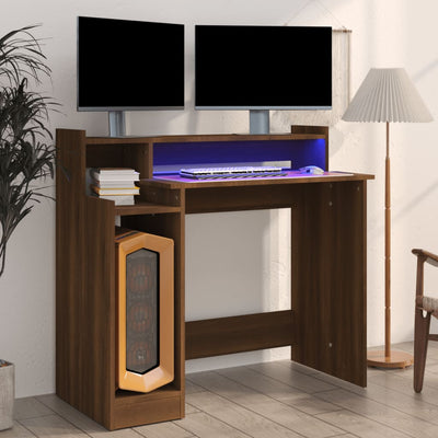 Desk with LED Lights Brown Oak 97x45x90 cm Engineered Wood