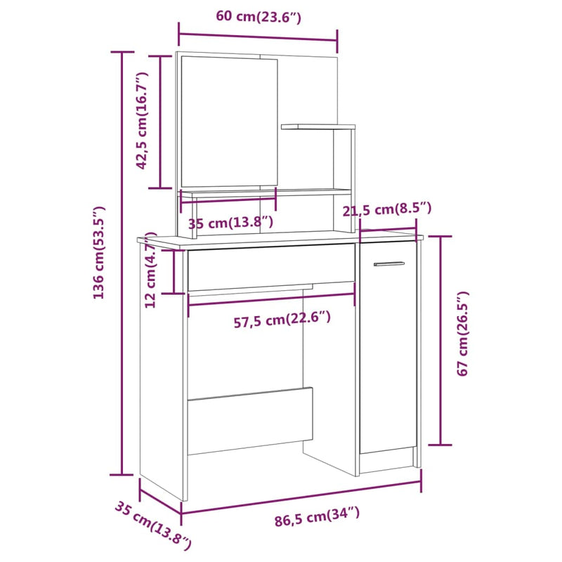 Dressing Table with Mirror Smoked Oak 86.5x35x136 cm