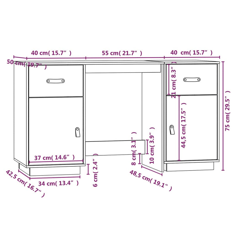 Desk with Cabinets 135x50x75 cm Solid Wood Pine