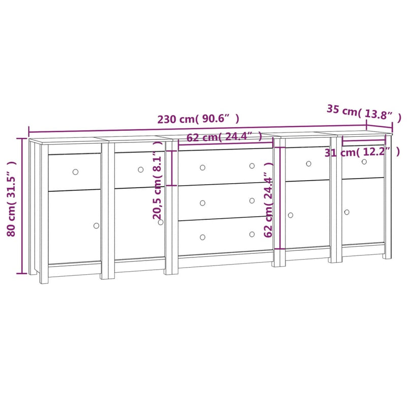 Sideboard White 230x35x80 cm Solid Wood Pine