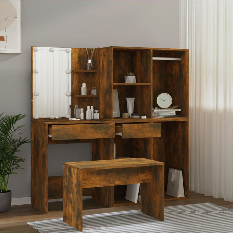 Dressing Table Set with LED Smoked Oak Engineered Wood