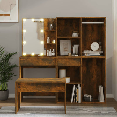 Dressing Table Set with LED Smoked Oak Engineered Wood