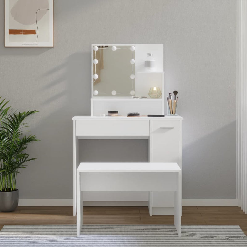 Dressing Table Set with LED White Engineered Wood