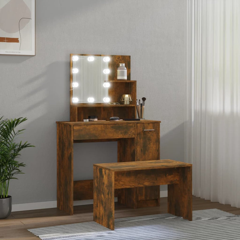 Dressing Table Set with LED Smoked Oak Engineered Wood