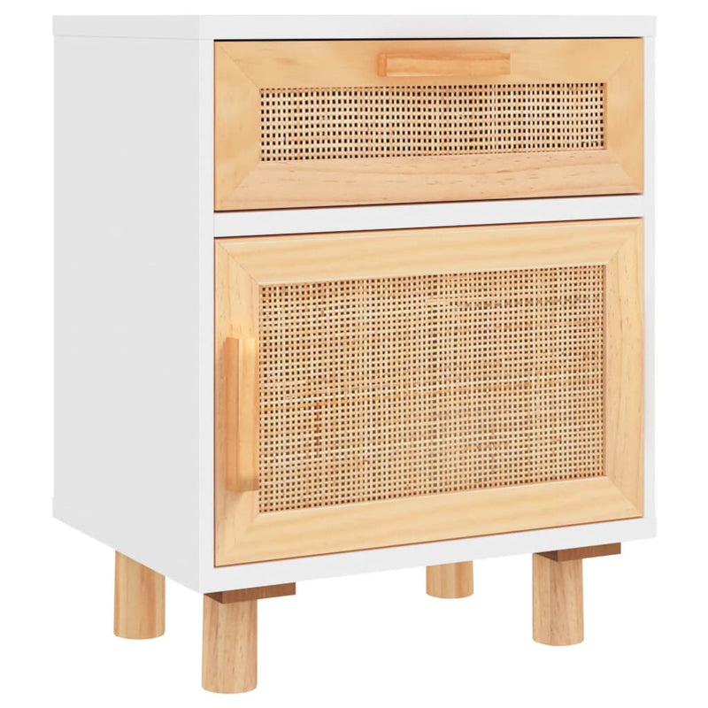 Bedside Cabinet White Solid Wood Pine and Natural Rattan