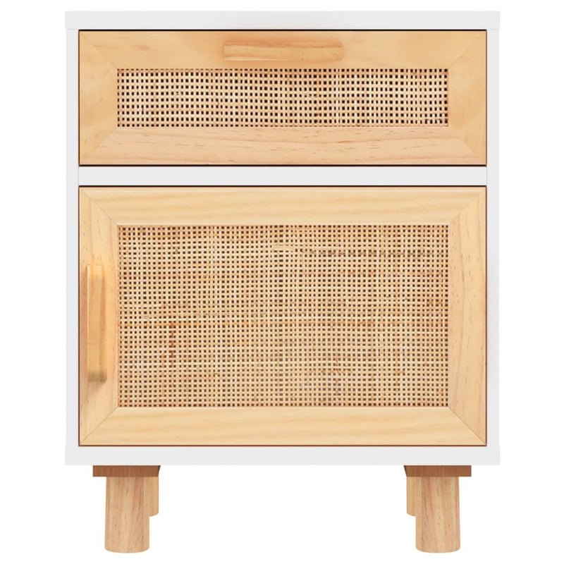 Bedside Cabinet White Solid Wood Pine and Natural Rattan