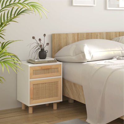 Bedside Cabinets 2 pcs White Solid Wood Pine and Natural Rattan