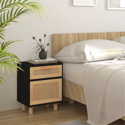 Bedside Cabinets 2 pcs Black Solid Wood Pine and Natural Rattan