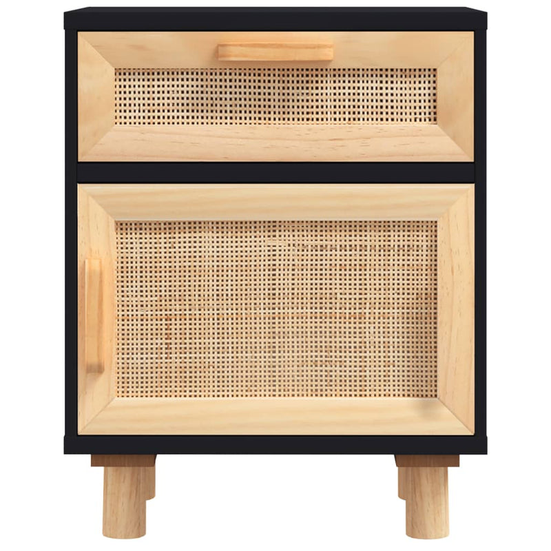 Bedside Cabinets 2 pcs Black Solid Wood Pine and Natural Rattan