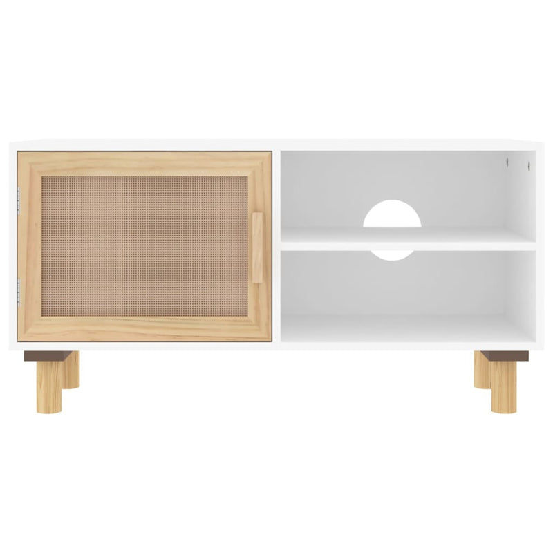 TV Cabinet White 80x30x40 cm Solid Wood Pine and Natural Rattan