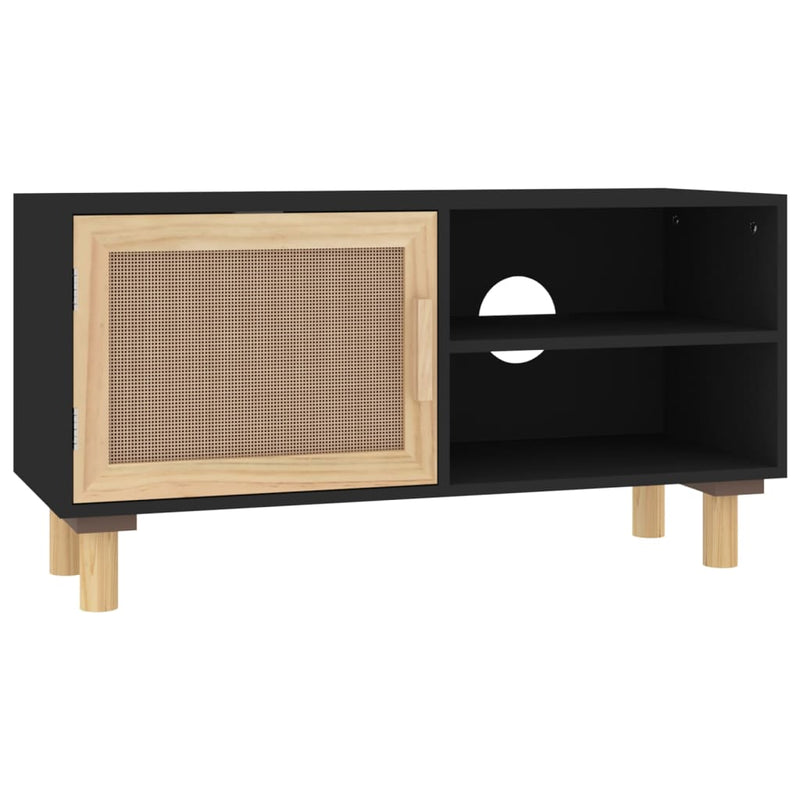 TV Cabinet Black 80x30x40 cm Solid Wood Pine and Natural Rattan