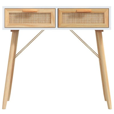 Console Table White 80x30x75 cm Solid Wood Pine&Natural Rattan