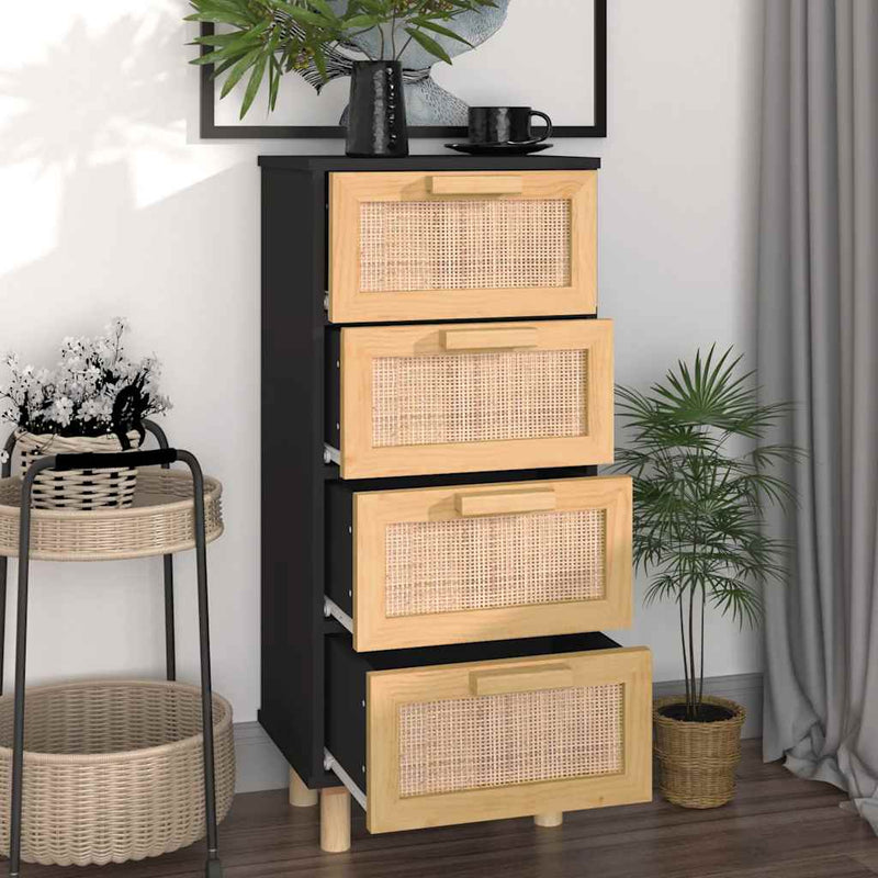 Sideboard Black 40x30x90 cm Solid Wood Pine and Natural Rattan