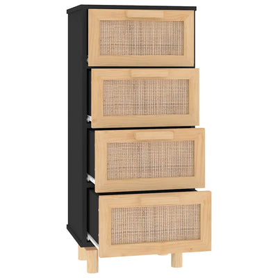 Sideboard Black 40x30x90 cm Solid Wood Pine and Natural Rattan