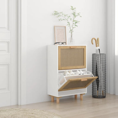 Shoe Cabinet White 52x25x80 cm Engineered Wood and Natural Rattan