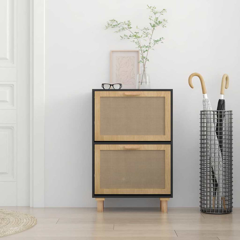 Shoe Cabinet Black 52x25x80 cm Engineered Wood and Natural Rattan