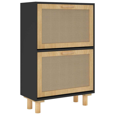 Shoe Cabinet Black 52x25x80 cm Engineered Wood and Natural Rattan