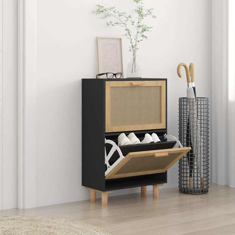 Shoe Cabinet Black 52x25x80 cm Engineered Wood and Natural Rattan