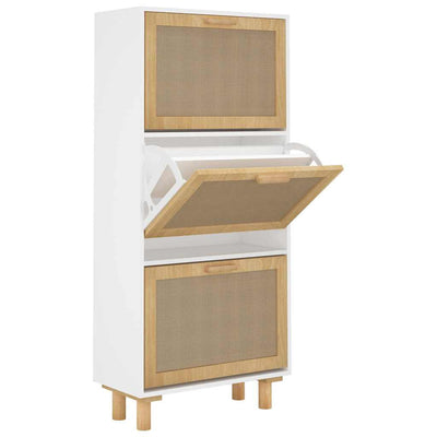 Shoe Cabinet White 52x25x115 cm Engineered Wood and Natural Rattan