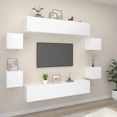 8 Piece TV Cabinet Set White Engineered Wood