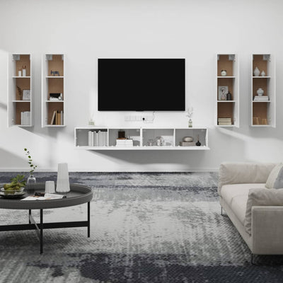 6 Piece TV Cabinet Set White Engineered Wood