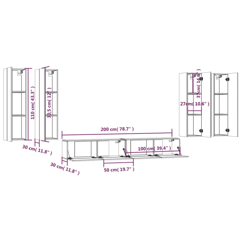 6 Piece TV Cabinet Set White Engineered Wood