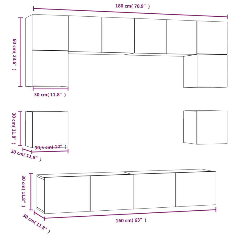 8 Piece TV Cabinet Set White Engineered Wood