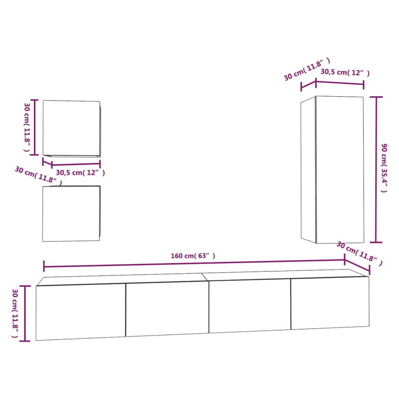 5 Piece TV Cabinet Set White Engineered Wood