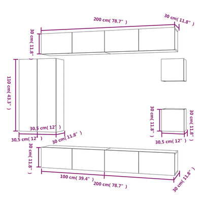 8 Piece TV Cabinet Set White Engineered Wood