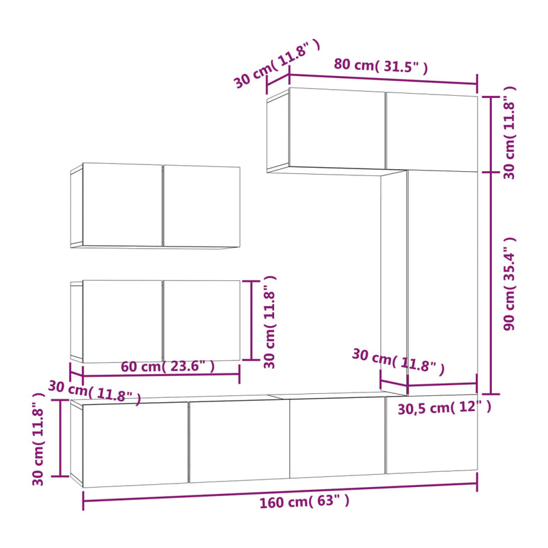 6 Piece TV Cabinet Set White Engineered Wood