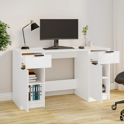 Desk with Side Cabinet White Engineered Wood