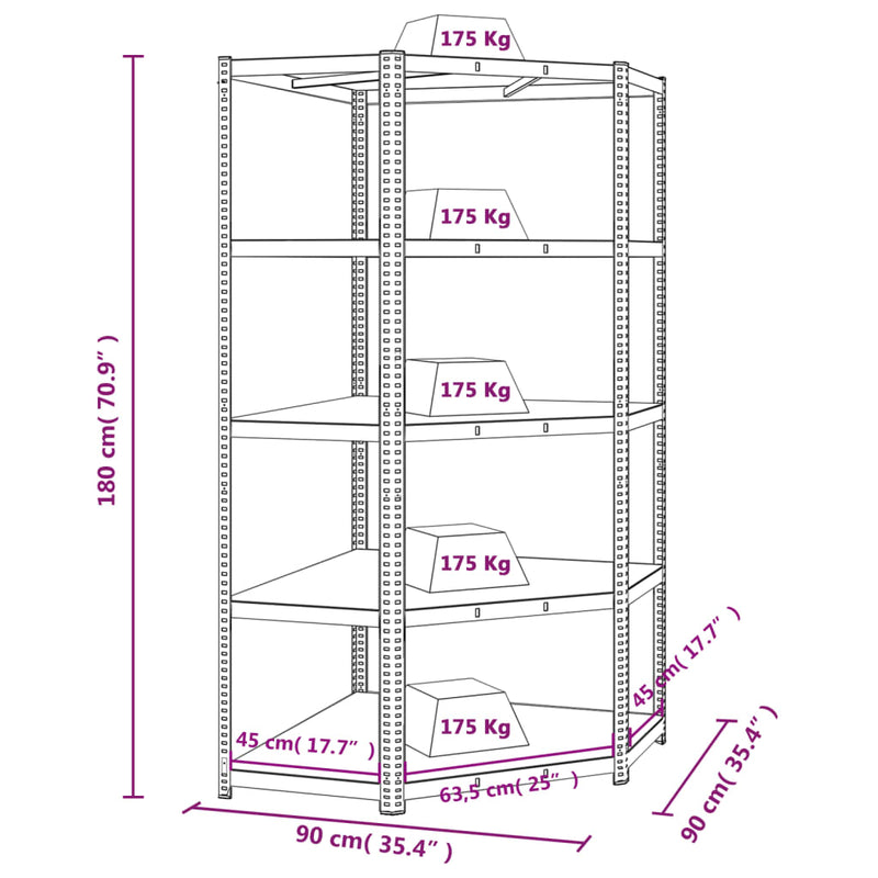 5-Layer Heavy-duty Corner Shelf Grey Steel and Engineered Wood