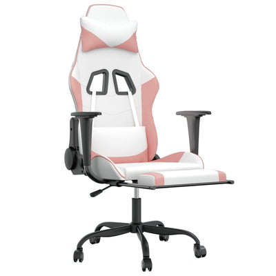 Massage Gaming Chair with Footrest White&Pink Faux Leather