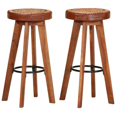 Bar Stools 2 pcs Real Leather and Solid Wood Acacia