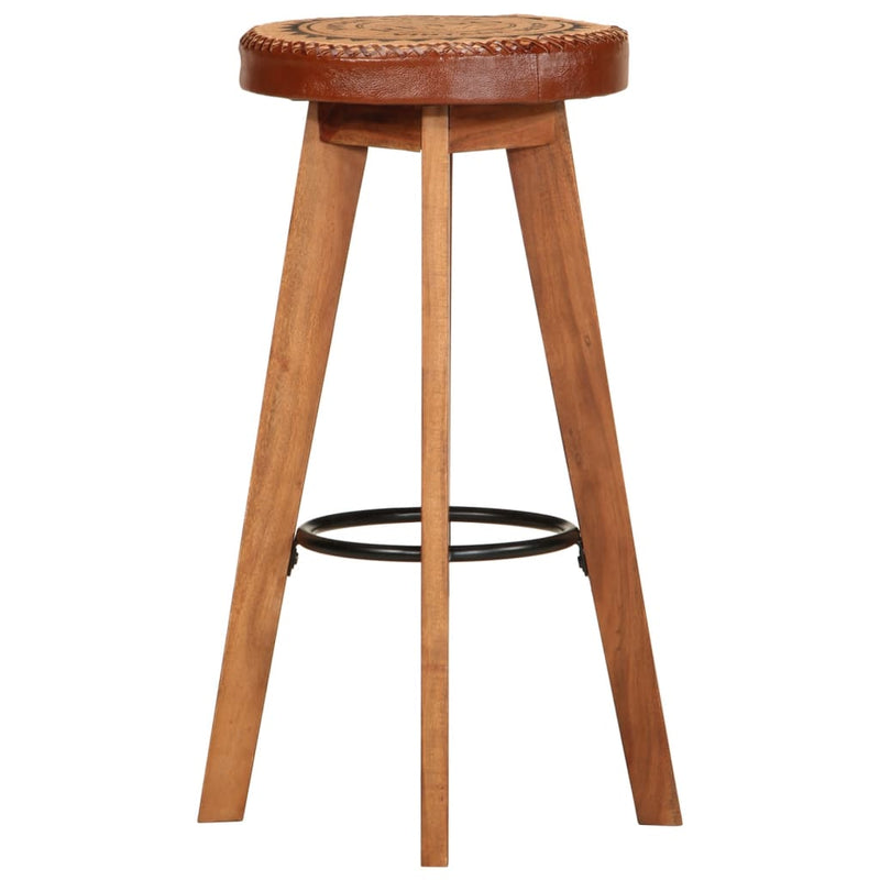 Bar Stools 2 pcs Real Leather and Solid Wood Acacia