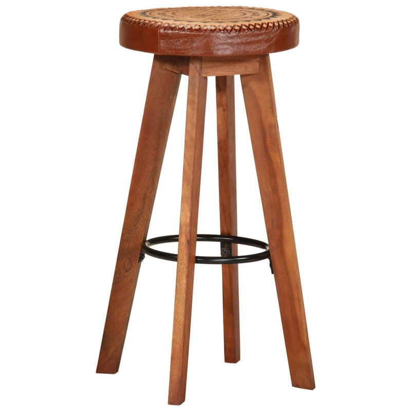 Bar Stools 2 pcs Real Leather and Solid Wood Acacia