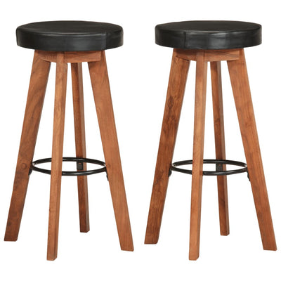 Bar Stools 2 pcs Real Leather and Solid Wood Acacia