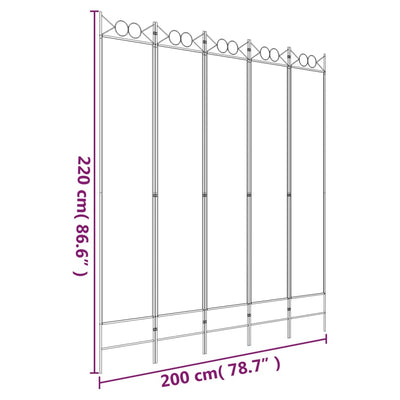 5-Panel Room Divider White 200x220 cm Fabric