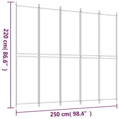 5-Panel Room Divider White 250x220 cm Fabric