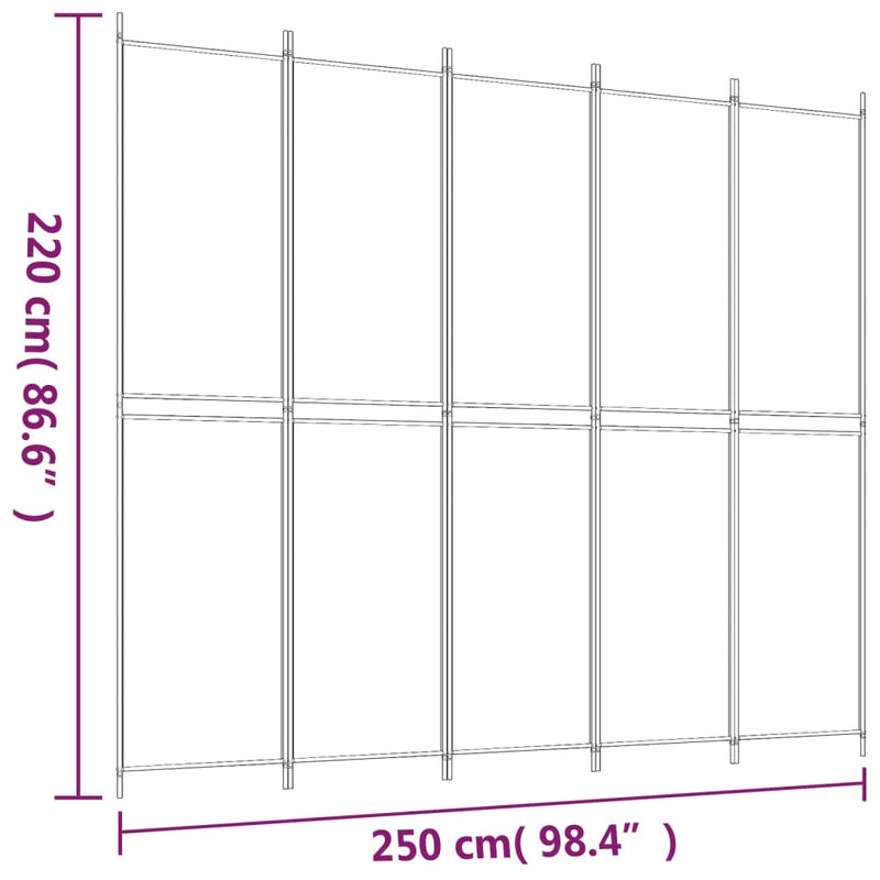 5-Panel Room Divider White 250x220 cm Fabric