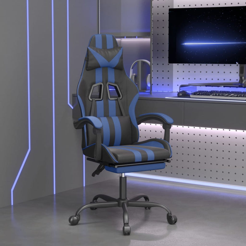 Swivel Gaming Chair with Footrest Black&Blue Faux Leather