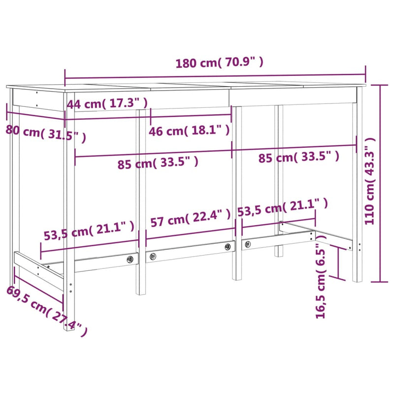 Bar Table 180x80x110 cm Solid Wood Pine