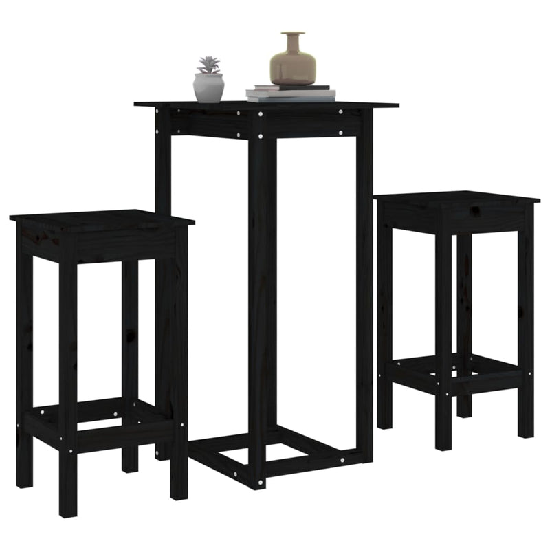 3 Piece Bar Set Black Solid Wood Pine